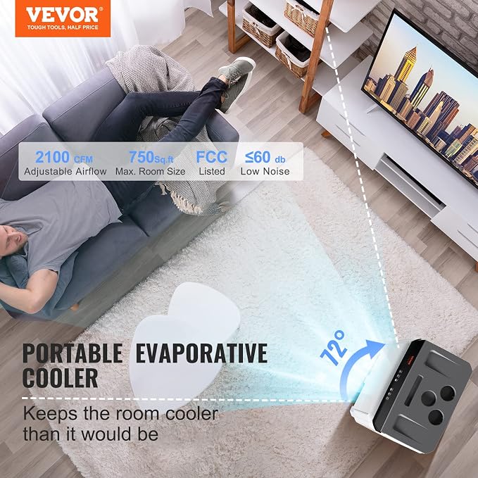 VEVOR Evaporative Air Cooler, 2100 CFM 13X34 inch Air Cooler, 3 Speeds and 12H - Image 2