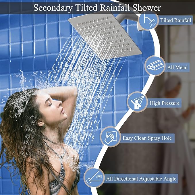 Shower Faucet Set Brushed Nickel Shower System, Ceiling Mount 10 Inch Shower Head with 6 Inch Wall Mount Shower Head, Knob Switch Diverter Shower Faucet, Rough-in Valve Body and Trim Included
