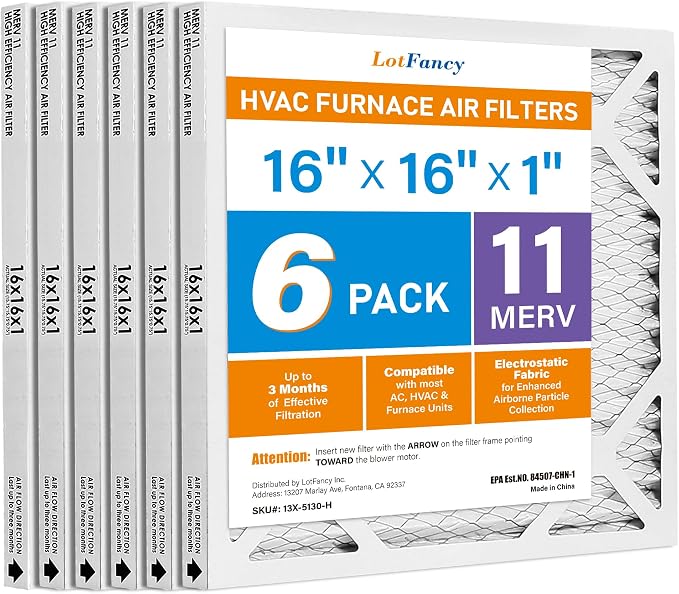 LotFancy 16x16x1 Air Filter MERV 11 6-Pack, Electrostatic Pleated AC Furnace by LotFancy