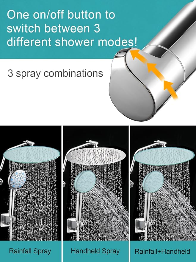 Cobbe 12 Inch All Metal Rain Shower Head, Dual Shower Heads with Handheld Spray Combo - Upgrade Extension Arm Height Adjustable - 9 Spray Filtered Shower Head, Chrome