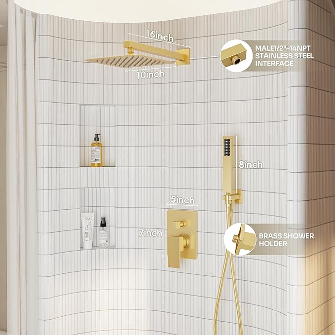 Gold Shower System, Shower Faucet Set with 10" Rain Showerhead and Handheld Combo Spray, Bathroom Wall Mounted High Pressure Shower Combo Set Included Valve and Trim, Brushed Gold