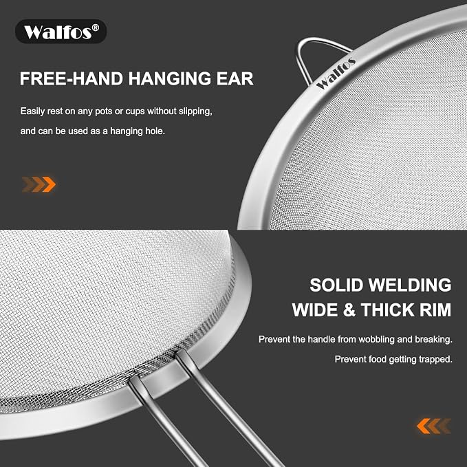 Walfos Fine Mesh Strainer Set of 3, Stainless Steel Wire Strainers - Image 3