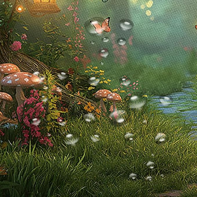 Fantasy Forest Path Shower Curtain Fairy Magical Enchanted Misty Jungle Mushroom Floral Tree Butterfly Lantern Wonderland Plant Bath Curtain Fabric Bathroom Accessories Decor with Hooks 70W x90L
