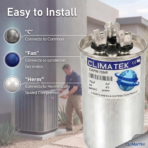 ClimaTek 70 + 5 MFD 370/440 Volt Dual Run Round Capacitor CAP99-7054R | 70/5 VAC - Image 3