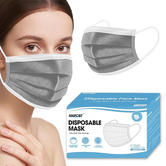 NNPCBT Grey Disposable Face Masks 125 Pack, 3-Ply Breathable Mask by NNPCBT