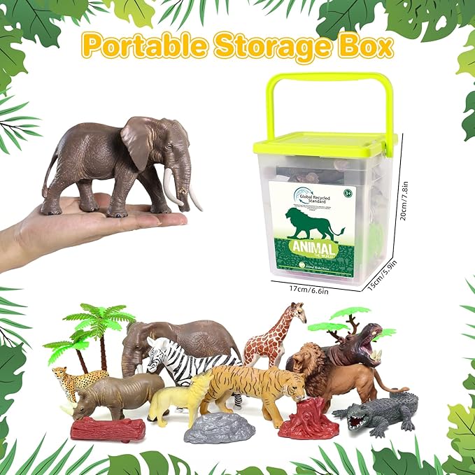 10 Big Realistic Safari Animal Toys for Kids 3-7, Jungle Figures Set with 12 Accessories & Storage Bucket, Educational Plastic Toys