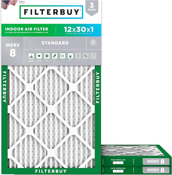 Filterbuy 12x30x1 Air Filter MERV 8 Essential Dust & Allergy Defense, by Filterbuy