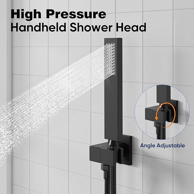 esnbia Shower System, Bathroom 12 Inches Rain Shower Head with Handheld Combo Set, Ceiling Mounted High Pressure Rainfall Dual Shower Head System, Shower Faucet Set with Valve and Trim, Matte Black