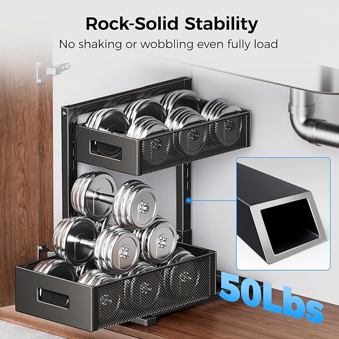 Under Sink Organizer 2 Tier, Adjustable Height Under Sink Organizers and Storage, Smooth & Silent Sliding Out Metal Drawer for Kitchen Bathroom Pantry Cabinet Closet