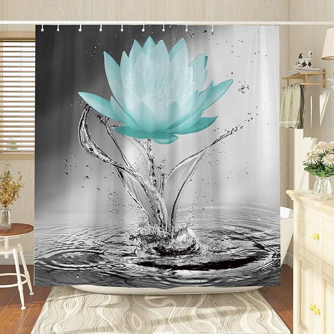 Lotus Shower Curtain Black White Grey Teal Flower Elegant Blooming Floral with Dew Spring Flower Reflection on Water Modern Romantic Polyester Fabric Bathroom Decor 70×84 Inch with Hook