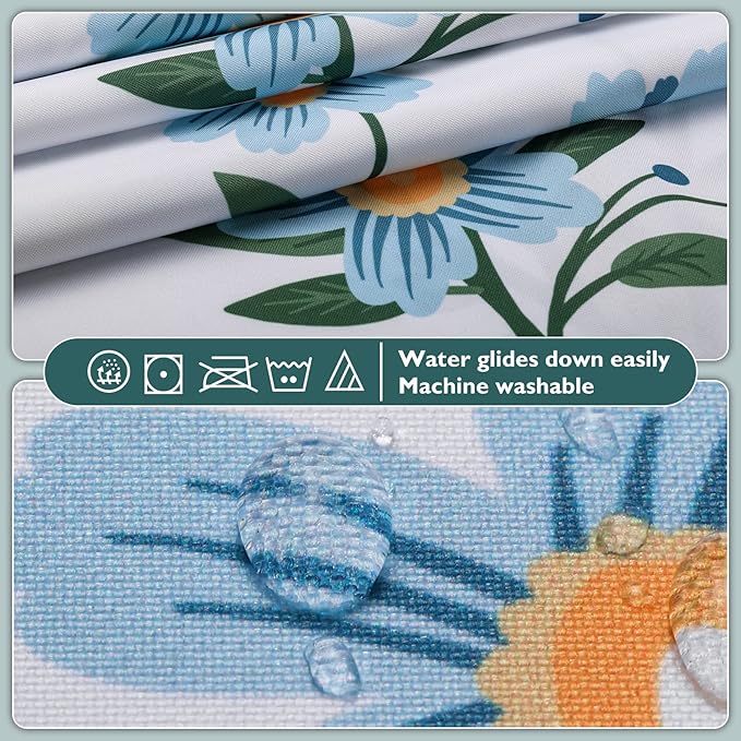 Lagute SnapHook Floral Shower Curtain with Snap-in Liner for Bathroom| No Hook Needed| Mesh Top Window| Machine Washable| Hotel Grade| 71Wx74L，Blue Bouquet