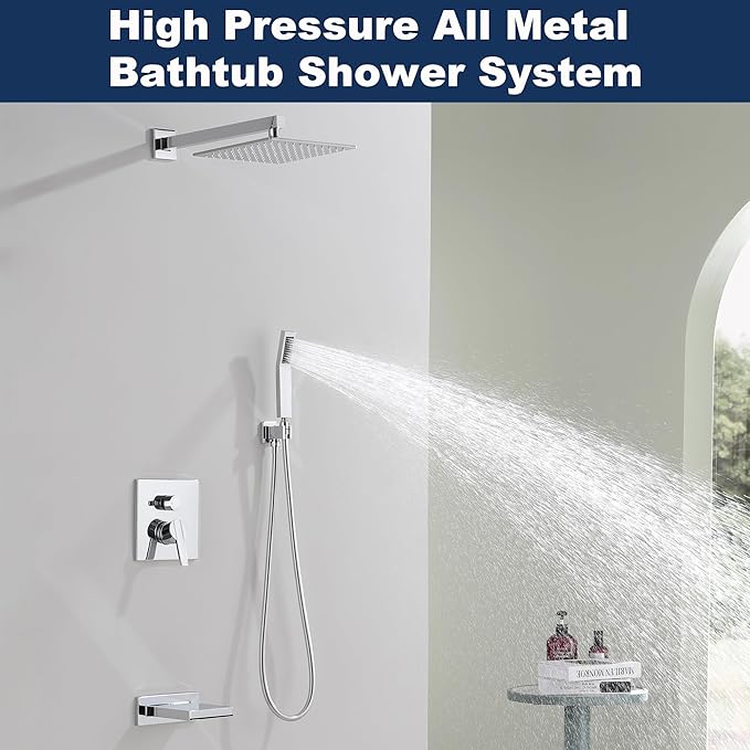 Shower System with Tub Spout, All Metal Bathtub Shower Faucet Set with High Pressure 10 Inch Rain Shower Head and Handheld Shower Head Set, Chrome (Valve Include)
