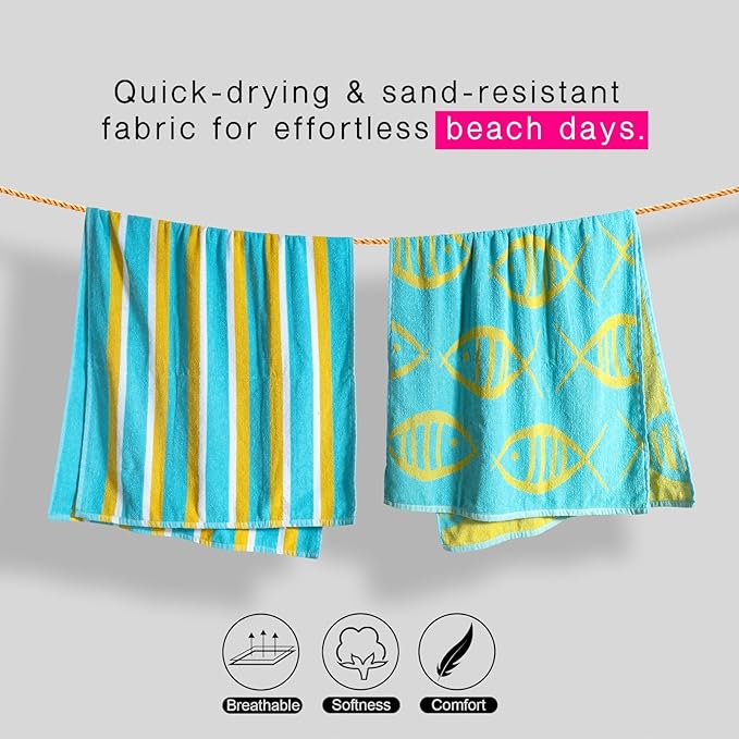 CASA COPENHAGEN Miami Bath Towels Designed in Denmark Rough and Tough, Quick Dry, for Pool, Bath & Shower 30"x60", 2 Pieces Cotton Beach Towels Set - Fish Teal + Yellow Stripe