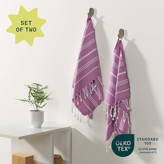 WETCAT Turkish Hand Towels with Hanging Loop, Set of 2 (20" x 30") 100% Turkish Cotton, Pre-Washed, Quick Drying, for Kitchen or Bathroom - Purple