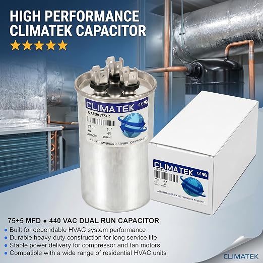 ClimaTek 75 + 5 MFD 370/440 Volt Dual Run Capacitor CAP99-7554R | 75/5 VAC | - Image 2