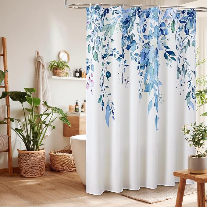 Colorful Star Blue Eucalyptus Waterproof Shower Curtain Set with Hooks, Minimalist Watercolor Floral Print Bathroom Décor, Plant Leaves Washable Fabric Shower Curtain, 72 x 84 Inch