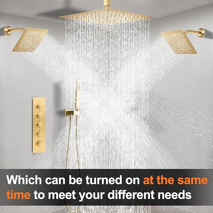 Thermostatic Shower System Three Shower Heads with 16" Ceiling Mounted Rain Shower Head & 2 x 6" Wall Mounted Head 4 Function Shower System Can All Run Together, Brushed Gold