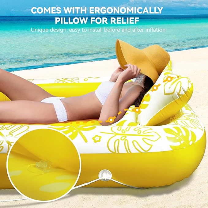 Inflatable Tanning Pool Lounger Float with Cervical Pillow - Pool Floats Adult for Sunbathing, Backyard, Pool Party - Inflate Ball Pit for Babies - Kids Swimming Pool Bed