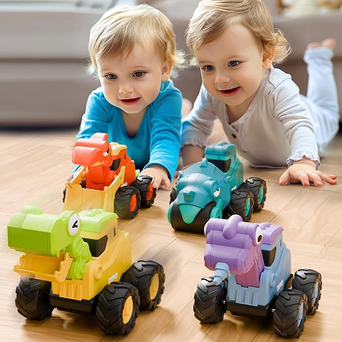 iPlay, iLearn Dinosaur Truck Toys for Toddlers, Boys Dinos Press Go Racing Cars, Kids Construction Sandbox Vehicles Playset, Baby Push Go Friction Car Set, Birthday Gift for 18 Month 2 3 4 5 Years Old