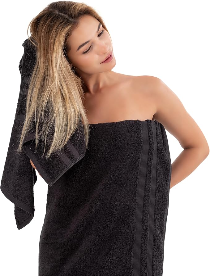 Premium 6 Piece Towel Set, 2 Bath Towel, 2 Hand Towels, 2 Washcloths, 100% Turkish Cotton Soft Absorbent Towels (Black, 6 Piece Towel Set)