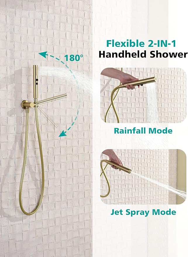 Lefton Shower System in Fahrenheit Display (Battery-free), 13” Overhead Round Rainfall Shower Head with All-in-one Handheld Spray Showerhead, 4-in-1 Control System, SSWM2501 (Brushed Gold)