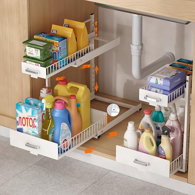 Under Sink Organizer,2 Tier Slide Out Kitchen Cabinet Organizers with Pulley,Under Bathroom Sink Pull Out Organizer with Multiple Height Adjustments for Kitchen and Bathroom Cabinets-White