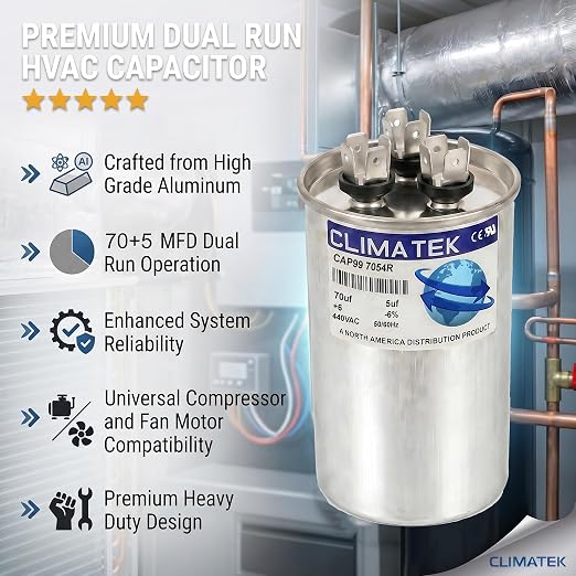 ClimaTek 70 + 5 MFD 370/440 Volt Dual Run Round Capacitor CAP99-7054R | 70/5 VAC - Image 5