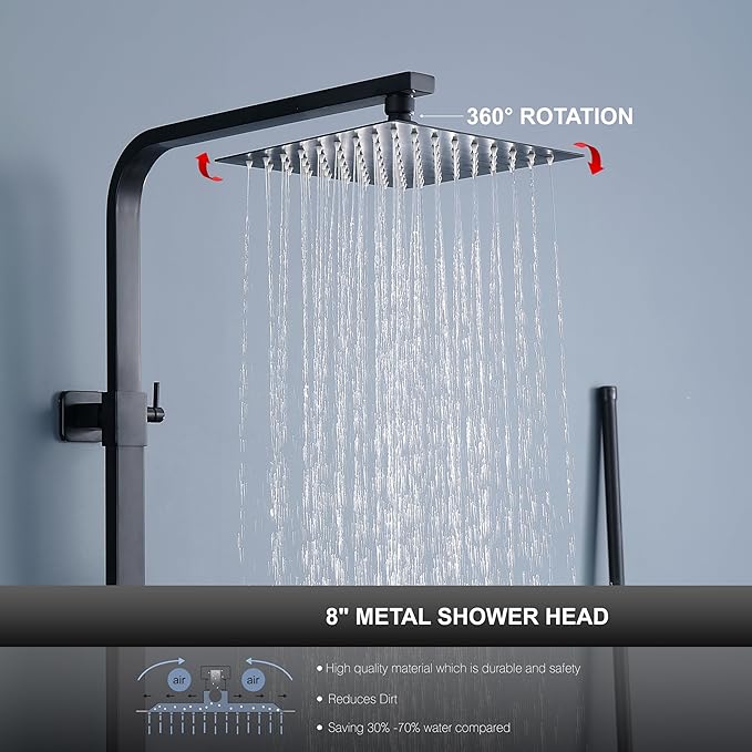 Outdoor Shower Kit, Solid Metal Tangular Outdoor Shower Faucet Fixtures with 8" Rainfall Showerhead with Handheld Sprayer Matte Black