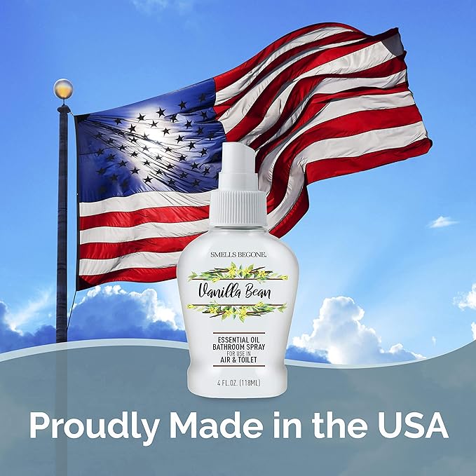 SMELLS BEGONE 4 oz Essential Oil Air Freshener Bathroom Spray - Eliminates Bathroom & Toilet Odors - Made with Essential Oils - Vanilla Bean Scent
