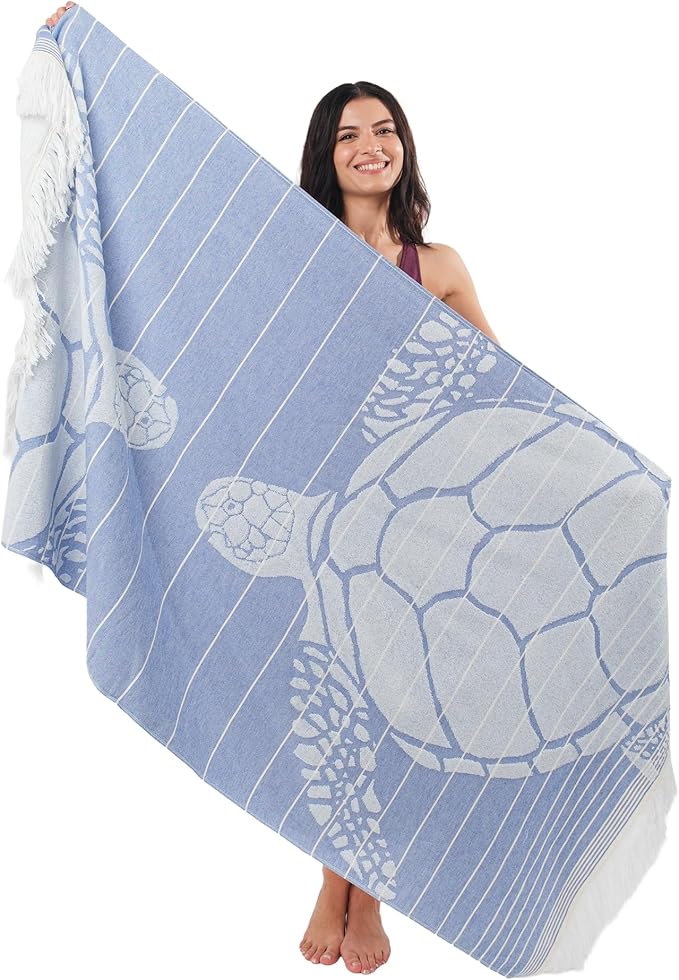 SOFE H&L | LINVIA Foutah Quick Dry Beach Towel Pack of 2 (35” x 70”) CARETTA - Blue | Lightweight, Premium, Fade Resistant, Durable | Travel Towel, Turkish Beach Towel with Shoulder Strap