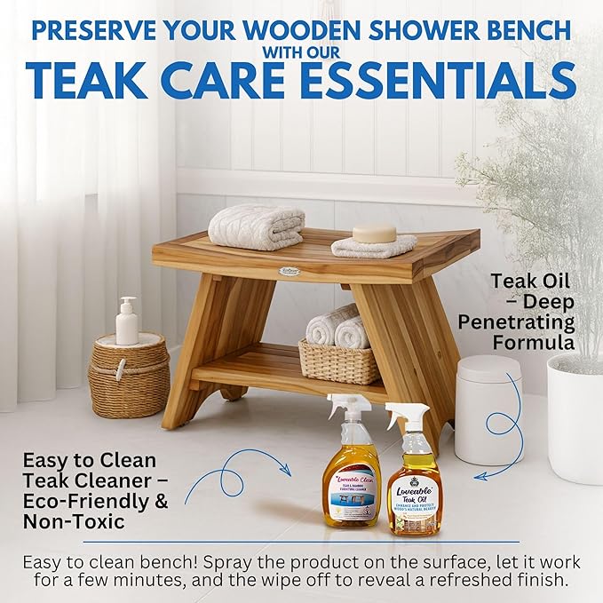 EcoDecors 30 Inch Serenity Teak Shower Bench – Waterproof Bathroom Seat with Large Storage Shelf For Adults & Seniors | Spa-Style Teak Wood Stool with Non-Slip Feet, Elegant Finish, 300 Pound Capacity