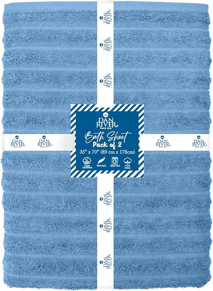 DAN RIVER Pack of 2 Bath Sheet 35x70 Inches, Ribbed Luxury Bath Towel Set, Extra Large and Quick Dry Soft Cotton Towels - Medium Blue