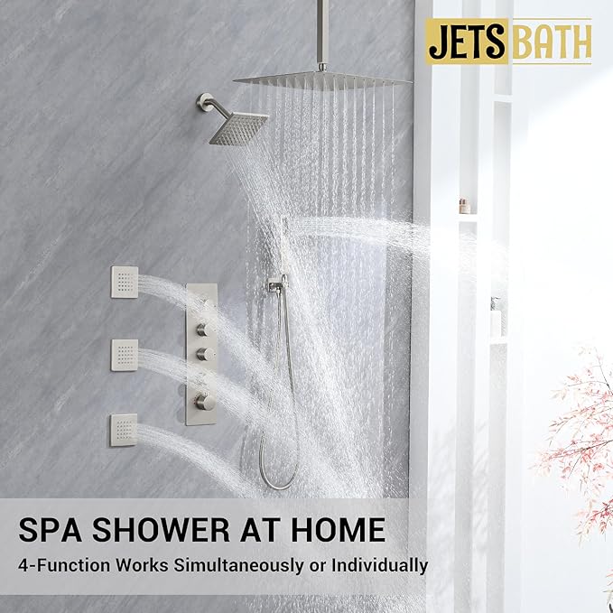 Thermostatic Dual Shower Heads System with 4-Inch Body Jets, Ceiling 16" Rainfall & Wall Mount 6" Shower Head, Luxury Brushed Nickel Shower Faucet Set with Handheld Sprayer for 2-Person/Tandem Shower