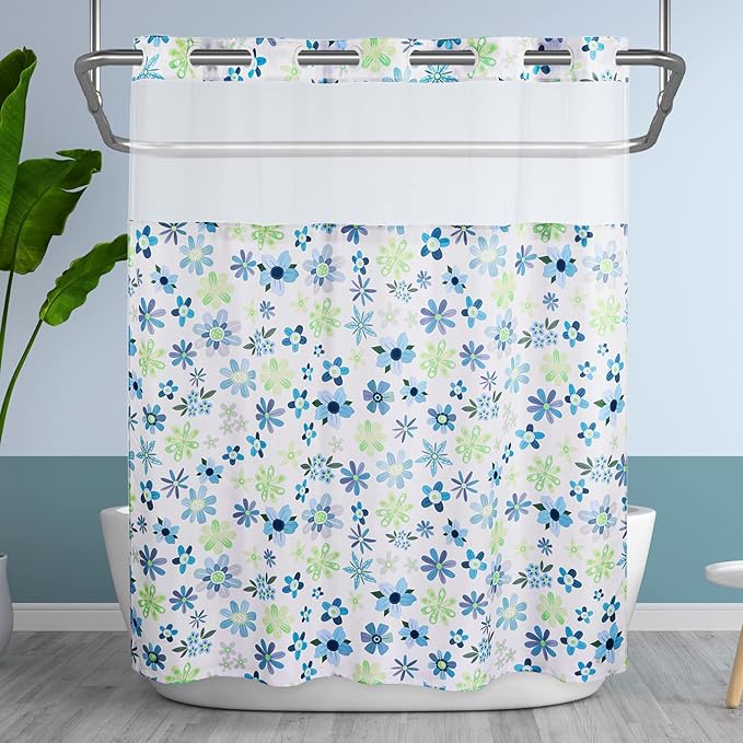 Lagute SnapHook Hook Free Fabric Floral Shower Curtain for Modern Bathroom with Snap-in Liner & See Through Top Window, Machine Washable | Hotel Grade, 71Wx74L, Green Daisy