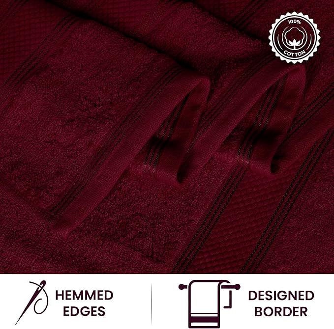 Casa Lino 4 Piece Bath Towel Set | 1 Bath Towel, 2 Wash Cloth, 1 Hand Towels | Bathroom Essentials for New Home, 100% Cotton Luxury Towels, Highly Absorbent Bathroom Set, Burgundy.