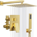 Gold Shower System, 10'' Square Rainfall Shower Head with Handheld Combo Spray, Bathroom Brushed Gold Shower Faucet Set with Valve, 59'' Shower Hose, Shower Trim Kit and Diverter, Wall Mounted