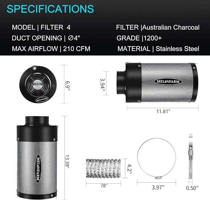 MELONFARM Air Filtration Kit 4", Built-in 14cm Fan Low Nois Carbon Filter - Image 6