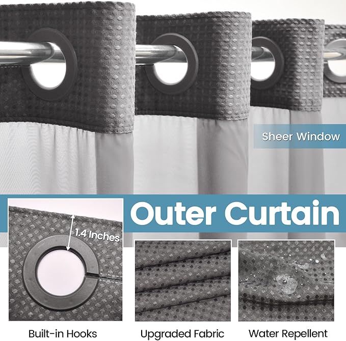 Charcoal Grey Stall No Hook Shower Curtain with Snap in Liner,230GSM Waffle Weave Shower Curtains for Bathroom,54W x 80H