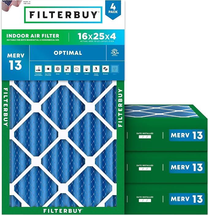 Filterbuy 16x25x4 Air Filter MERV 13 Optimal Smoke & Allergy Defense, by Filterbuy