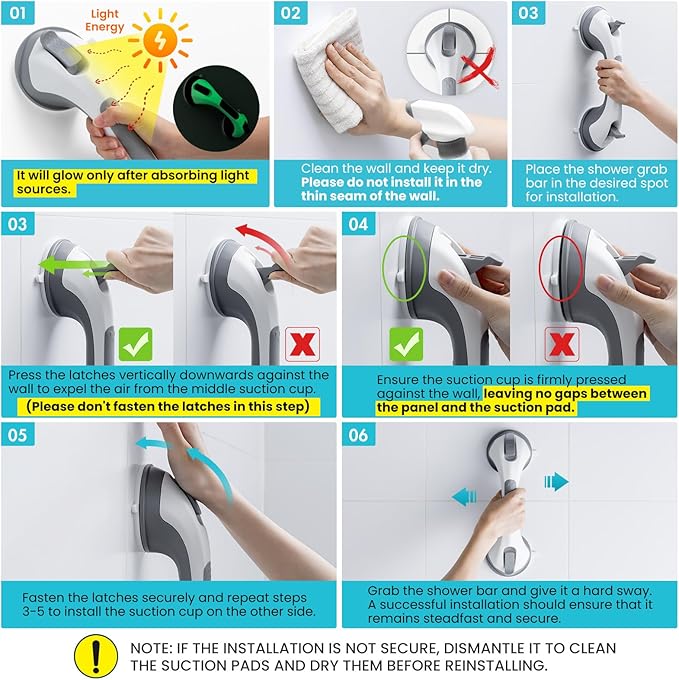 TAILI Shower Grab Bar Glow in The Dark, 12.2 in Grab Bars for Bathtubs and Showers, Bath Handles Bath Rails for Seniors and Elderly,Bathroom Safety Grip Removable No Drilling Waterproof Grey