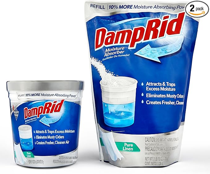 Damp Rid Refillable Moisture Absorber, Includes Single Damp Rid Pure Linen 11oz. Cup & 44oz. Refill Bag - Moisture Absorbers for Closet, 10% More Absorbing Power*, Cleaner Air - ILIOS Packaging.