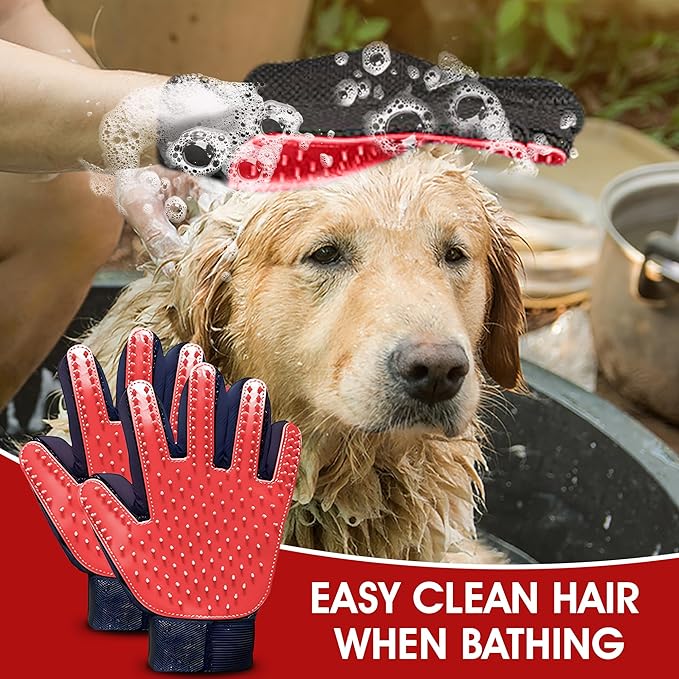 Upgrade Pet Grooming Gloves, Grooming Gloves for Dogs, Cats, Rabbits & Horses with Long and Short Hair, Efficient Pets Hair Remover Mittens - 1 Pair (Red)