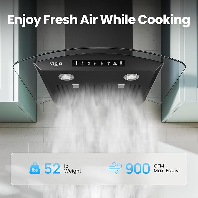 Black 30 inch Wall Mounted Range Hood Glass 900 CFM, Stainless Steel Kitchen - Image 2