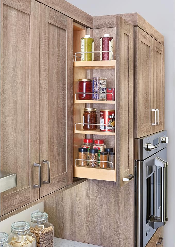 Rev-A-Shelf 6" Pull Out Shelf Organizer for Kitchen and Bathroom Cabinets, Wooden Slide Out Spice or Medicine Rack w/Soft-Close, 448-BBSCWC-6C