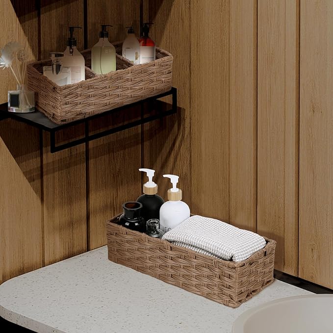 DULLEMELO Small Wicker Toilet Tank Basket Set of 2 Waterproof Bathroom Baskets for Organizing, Brown
