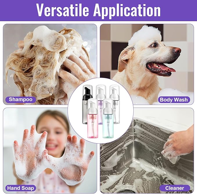 5 Pack 2 oz Travel Foam Pump Bottle, 60 ml Foam Dispenser, Clear PET Foaming Pump Bottle for Hand Soap, Shampoo, Hair Mousse, Self-tanner, Facial Cleansers (5, Multi-color)