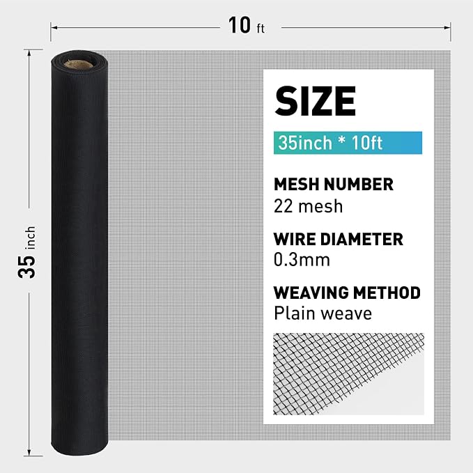 304 Stainless Steel Mesh Window Screen Roll, 35IN x 10FT Black Metal Window - Image 3