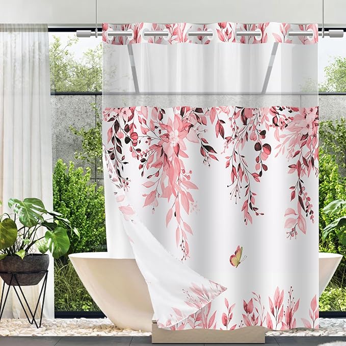 No Hook Shower Curtain and Liner Set, Pink Eucalyptus Floral Shower Curtains for Bathroom, Bath Curtain Sets with Snap in Liner, Waterproof with See Through Top Window, 71x77 Inches