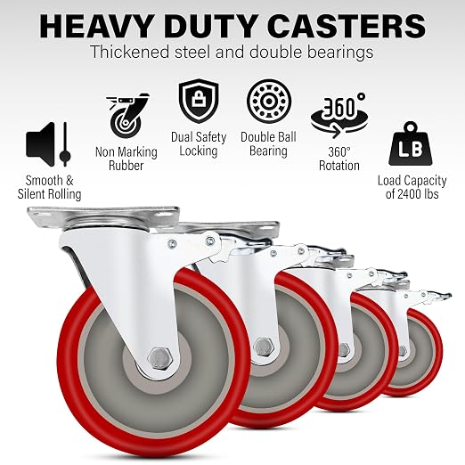 5 Inch Caster Wheels Heavy Duty Casters Set of 4 Lockable Cart Wheels - Image 3