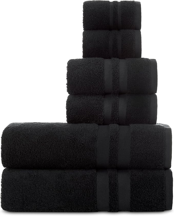 Premium 6 Piece Towel Set, 2 Bath Towel, 2 Hand Towels, 2 Washcloths, 100% Turkish Cotton Soft Absorbent Towels (Black, 6 Piece Towel Set)